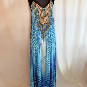 True Colours By La Moda Blue Jewel Print Rhinestone Maxi Dress - Medium Resort